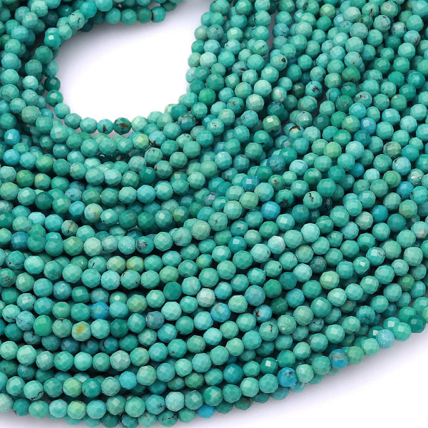 Natural Turquoise Small 2mm Faceted Round Beads Real Genuine Green Turquoise Micro Cut 15.5" Strand