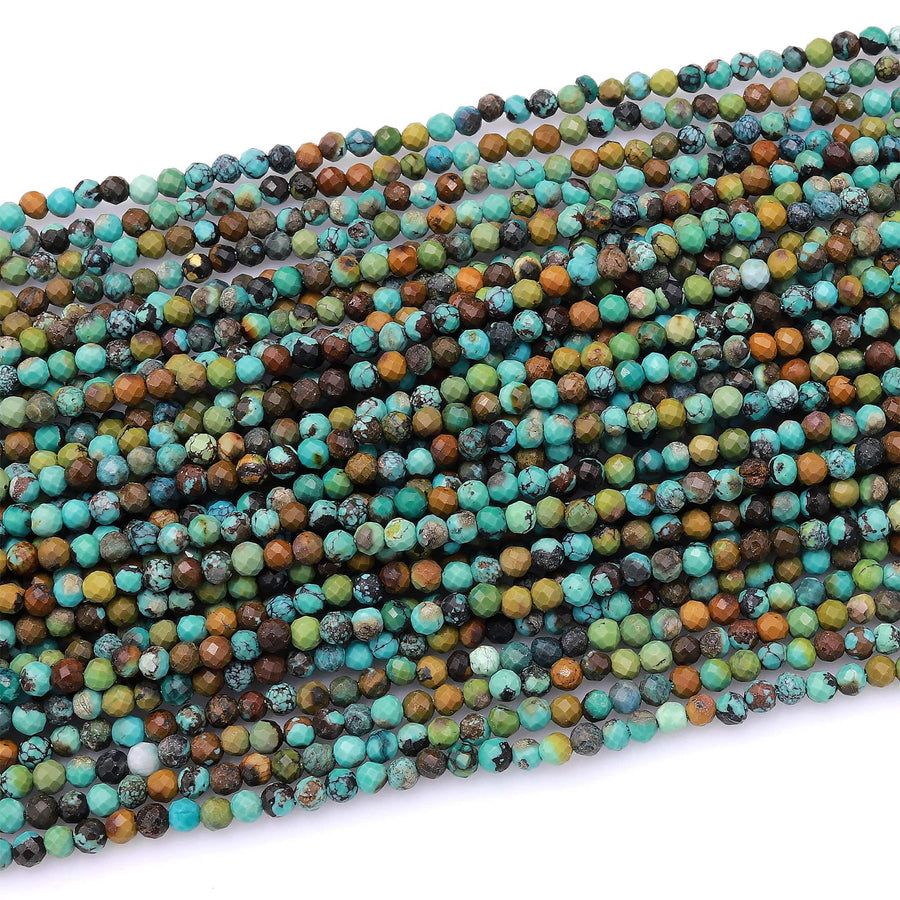 Genuine Natural Dragon Skin Turquoise 2mm 3mm Faceted Round Beads Multicolor Blue Green Brown Turquoise Micro Diamond Cut 15.5" Strand