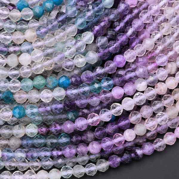 Natural Multicolor Fluorite Faceted 4mm Round Beads Micro Laser Cut Gemstone 15.5" Strand