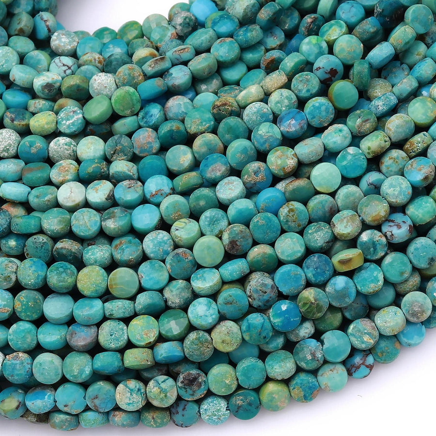 Natural Blue Green Turquoise Faceted 3mm 4mm Coin Beads Real Genuine Gemstone 15.5" Strand