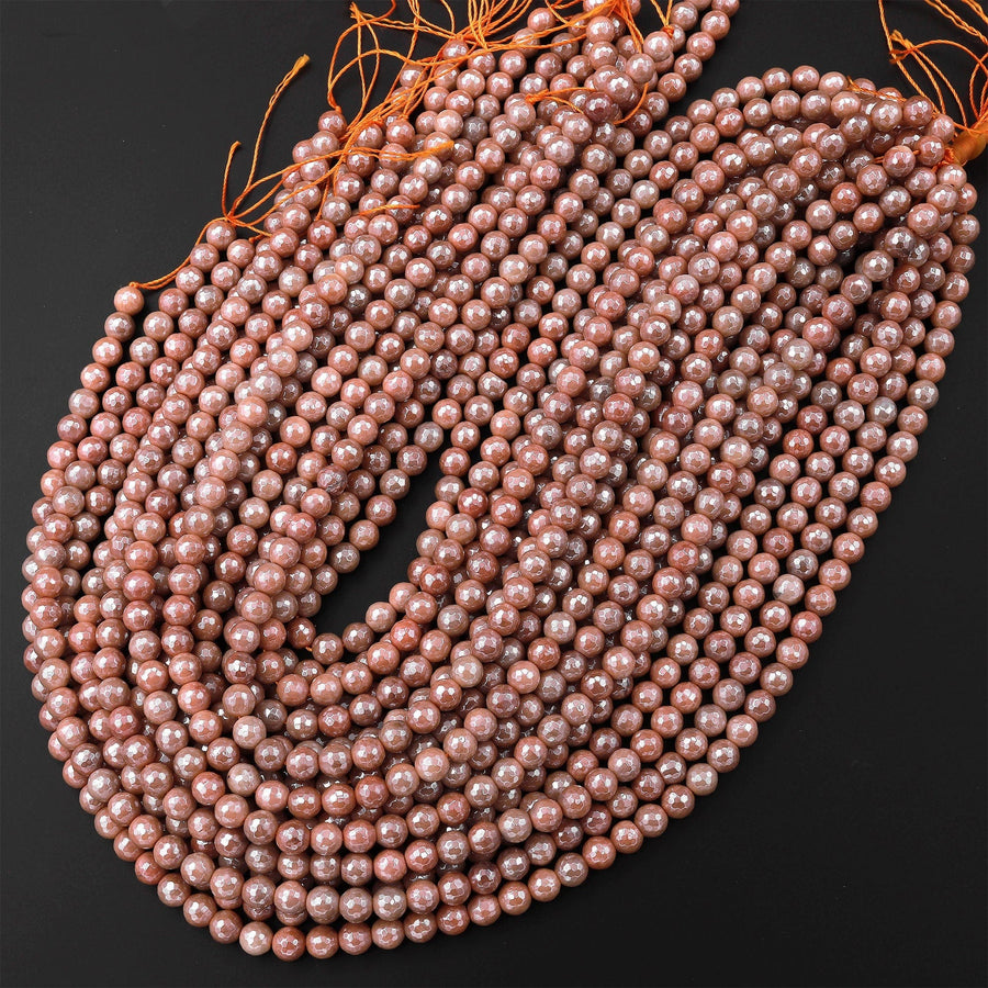 Mystic Sunstone Faceted 6mm 8mm Round Beads Plated Silverite AB Coated Natural Gemstone 15.5" Strand