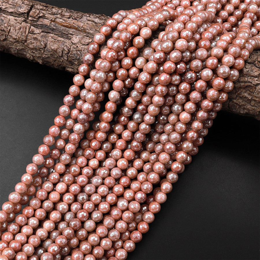 Mystic Sunstone Faceted 6mm 8mm Round Beads Plated Silverite AB Coated Natural Gemstone 15.5" Strand