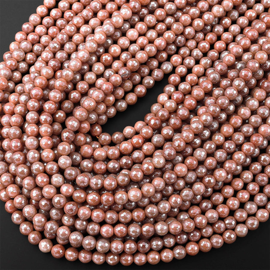 Mystic Sunstone Faceted 6mm 8mm Round Beads Plated Silverite AB Coated Natural Gemstone 15.5" Strand