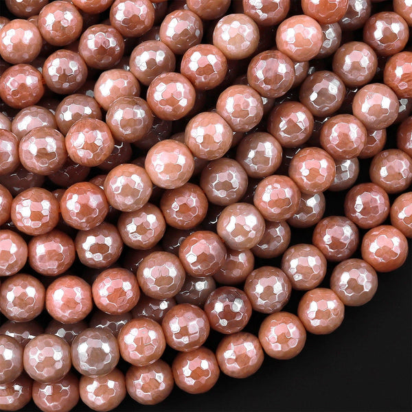 Mystic Sunstone Faceted 6mm 8mm Round Beads Plated Silverite AB Coated Natural Gemstone 15.5" Strand