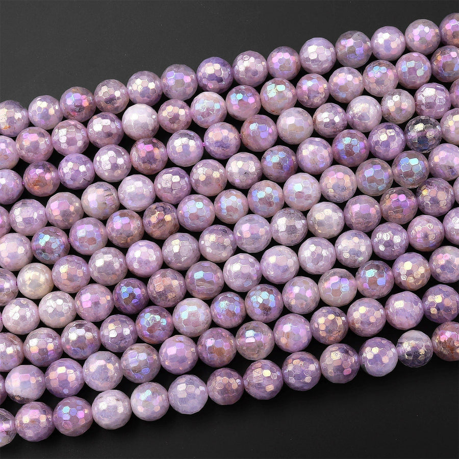 Mystic Violet Amethyst Faceted 6mm 8mm Round Beads Plated Silverite AB Coated Natural Gemstone 15.5" Strand