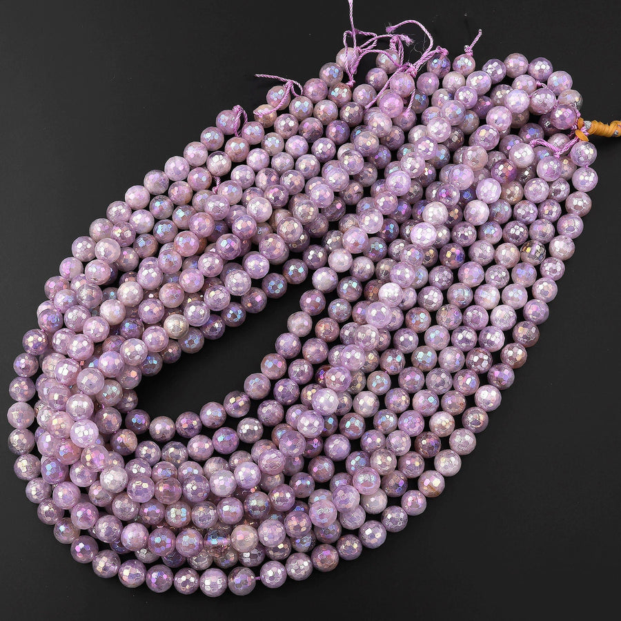 Mystic Violet Amethyst Faceted 6mm 8mm Round Beads Plated Silverite AB Coated Natural Gemstone 15.5" Strand