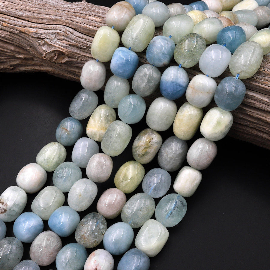 Large Natural Blue Aquamarine Beads Smooth Rounded Nuggets High Quality Gemstone 15.5" Strand