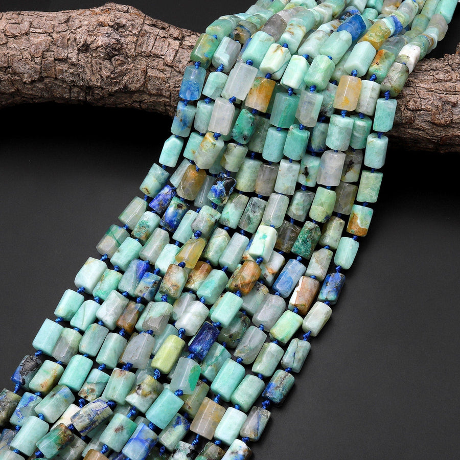 Natural Chrysocolla Azurite Faceted Tube Cylinder Beads 15.5" Strand