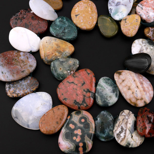 Natural Ocean Jasper Beads Large Freeform Teardrop Vibrant Green Yellow Red Orbs Eyes 15.5" Strand