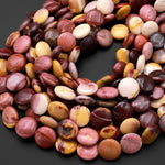 Natural Australian Mookaite Jasper Beads 14mm 18mm Coin Sunset Color Red Yellow Maroon Red Creamy beige 15.5" Strand