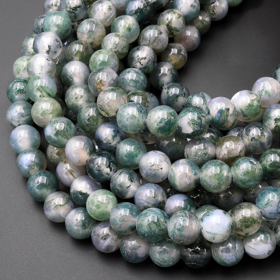 Large Hole Beads 2.5mm Drill AAA Natural Green Moss Agate 8mm 10mm Round Beads 8" Strand