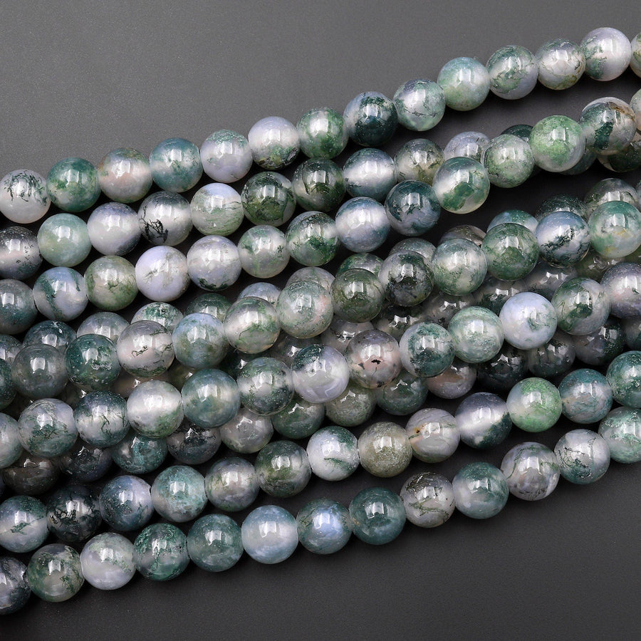 Large Hole Beads 2.5mm Drill AAA Natural Green Moss Agate 8mm 10mm Round Beads 8" Strand