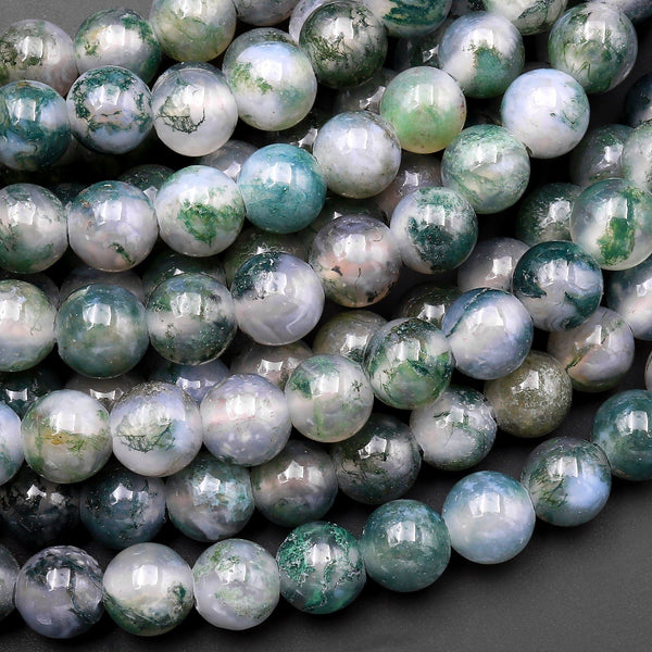 Large Hole Beads 2.5mm Drill AAA Natural Green Moss Agate 8mm 10mm Round Beads 8" Strand