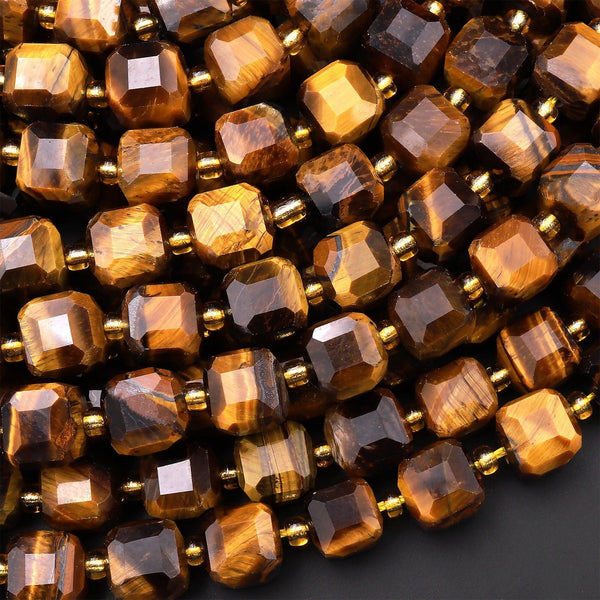 Natural Tiger's Eye Faceted 8mm Dice Cube Square Beads Golden Brown Gemstone 15.5" Strand