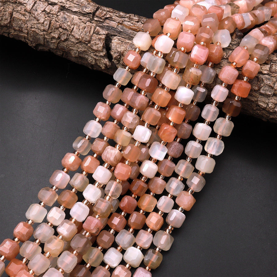 Natural Peach Moonstone Faceted 8mm Cube Dice Square Beads Micro Laser Diamond Cut Gemstone 15.5" Strand