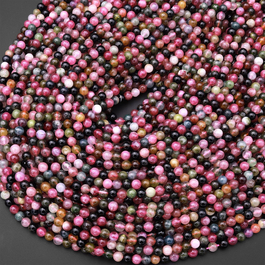 AAA Natural Multicolor Pink Green Tourmaline 4mm Smooth Round Beads 15.5" Strand