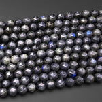 Natural Black Labradorite Faceted 8mm 12mm Round Beads Diamond Double Hearted Star Cut 15.5" Strand