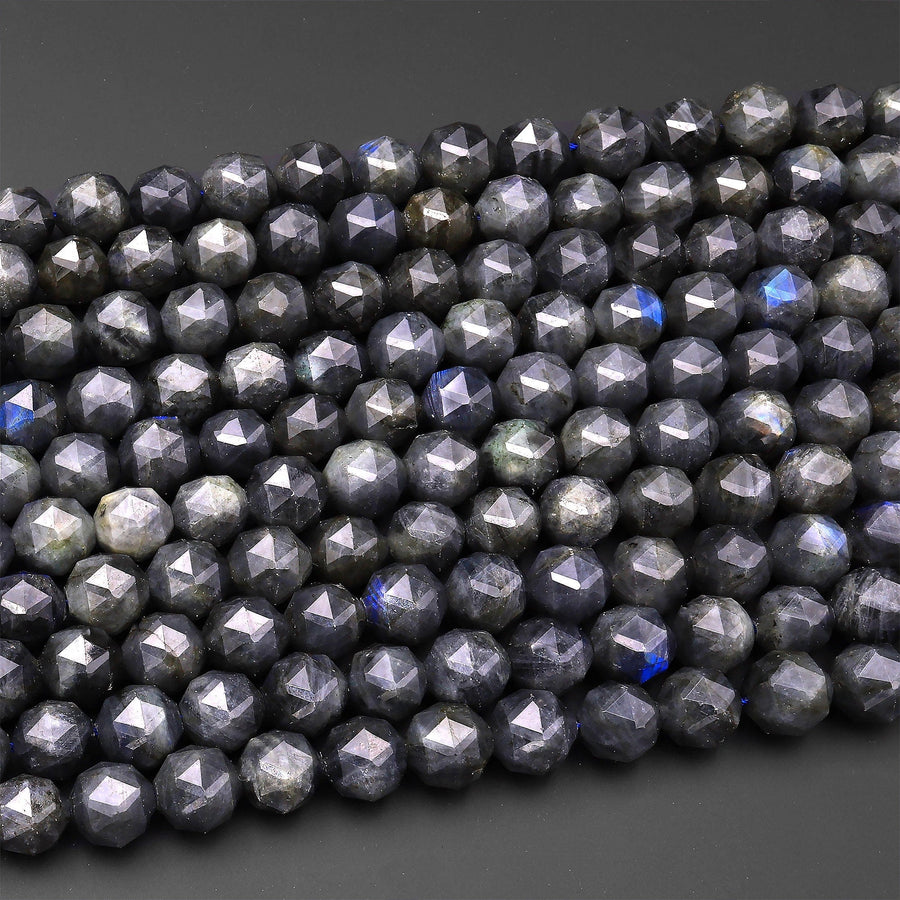Natural Black Labradorite Faceted 8mm 12mm Round Beads Diamond Double Hearted Star Cut 15.5" Strand