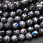 Natural Black Labradorite Faceted 8mm 12mm Round Beads Diamond Double Hearted Star Cut 15.5" Strand