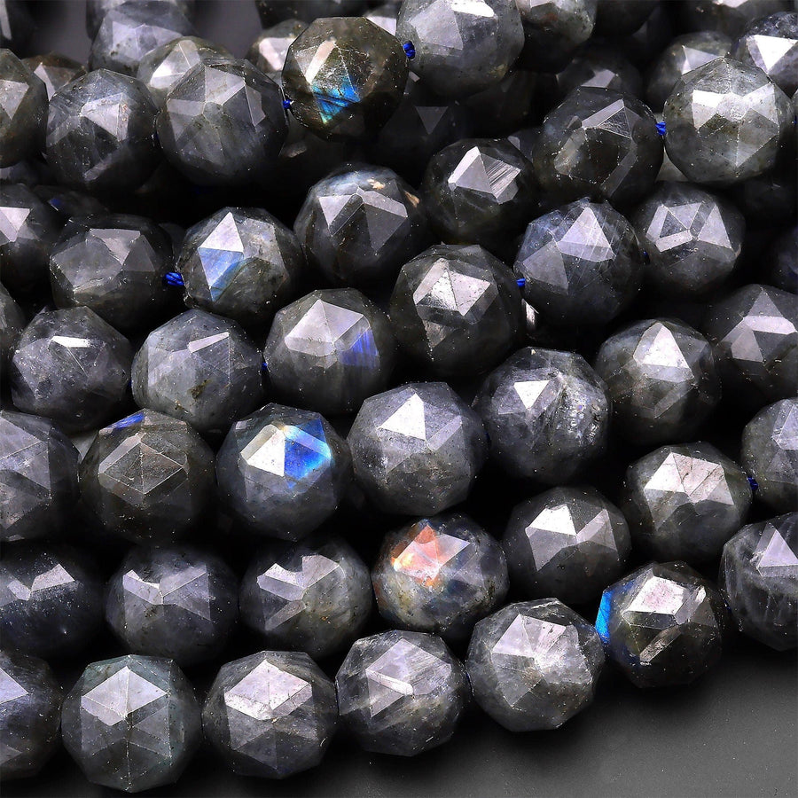 Natural Black Labradorite Faceted 8mm 12mm Round Beads Diamond Double Hearted Star Cut 15.5" Strand