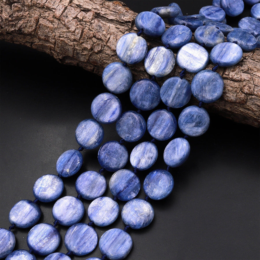 Natural Blue Kyanite Coin Cushion Beads 14mm 15.5" Strand