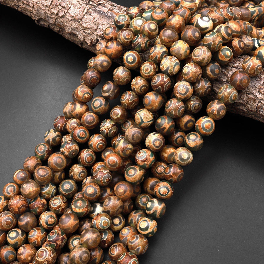 Tibetan Agate 8mm 10mm Round Beads Dzi Agate Green Eye Matte Mala Antique Boho Beads 15" Strand