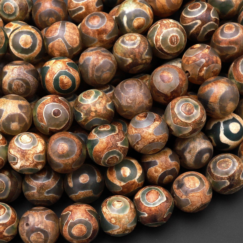 Tibetan Agate 8mm 10mm Round Beads Dzi Agate Green Eye Matte Mala Antique Boho Beads 15" Strand