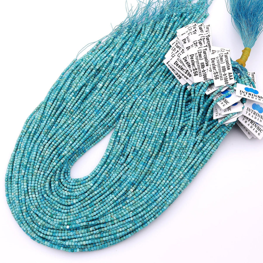 AAA Natural Blue Turquoise 2mm Cube Square Beads Dice Genuine Real Gemstone 15.5" Strand