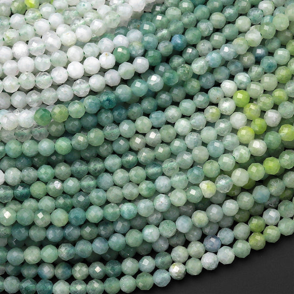 Faceted African Green Chalcedony 3mm 4mm Round Beads Micro Cut Gemstone 15.5" Strand