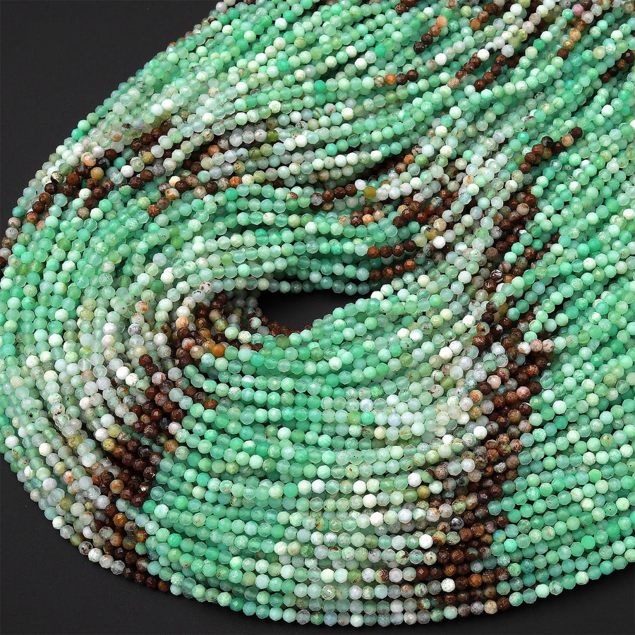 Micro Faceted Natural Brown Green Chrysoprase Faceted Round 2mm Beads Multicolor Gemstone 15.5" Strand