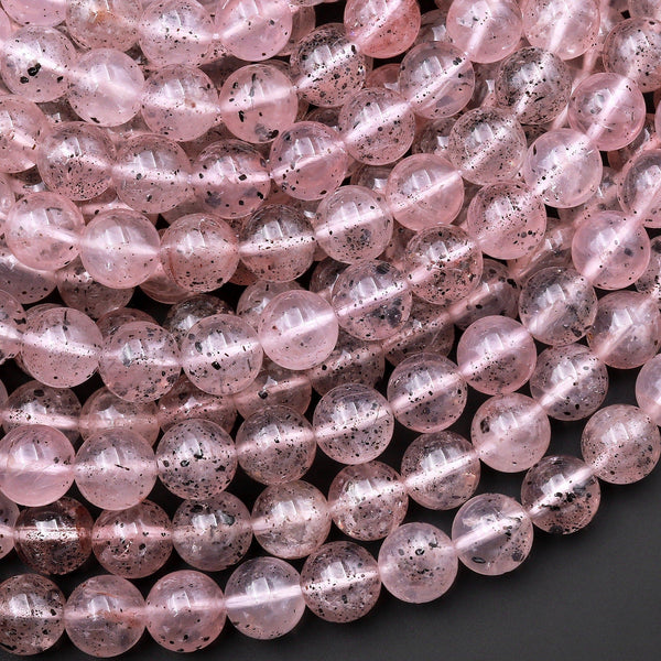 Rare Natural Black Hematite in Pink Strawberry Quartz 6mm 8mm Round Beads Rare Crystal Powerful Energy Stone 15.5" Strand