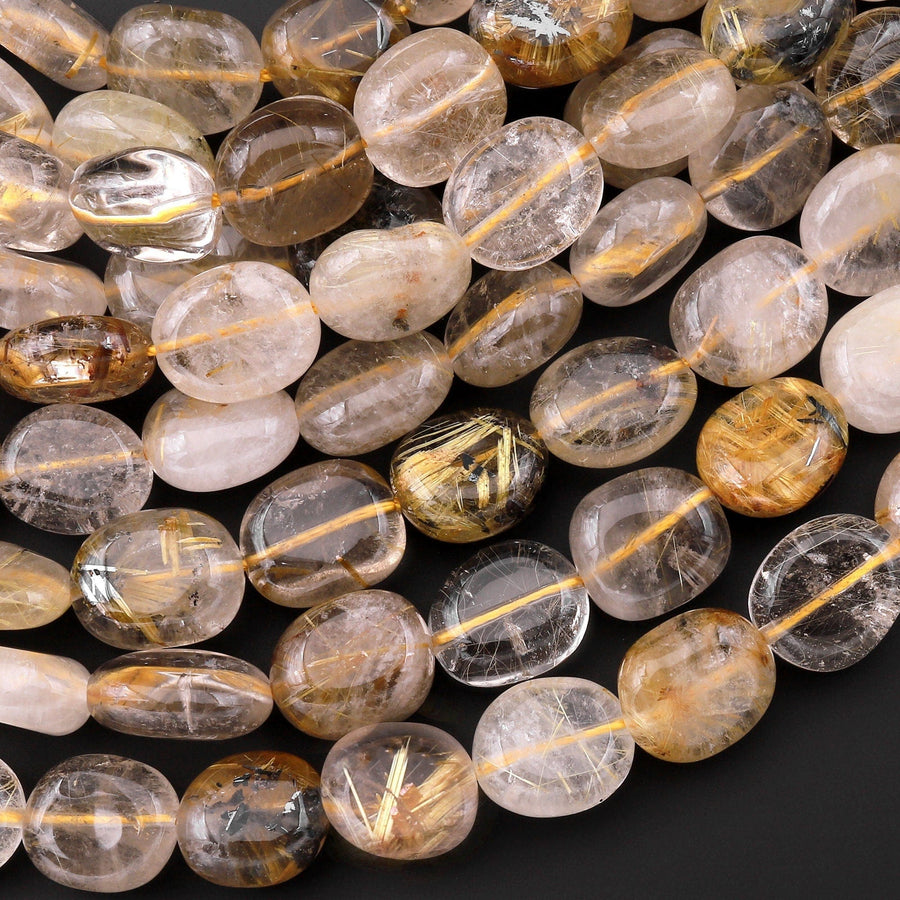 Natural Golden Rutile Quartz Smooth Oval Pebble Nugget Beads Gemstone 15.5" Strand