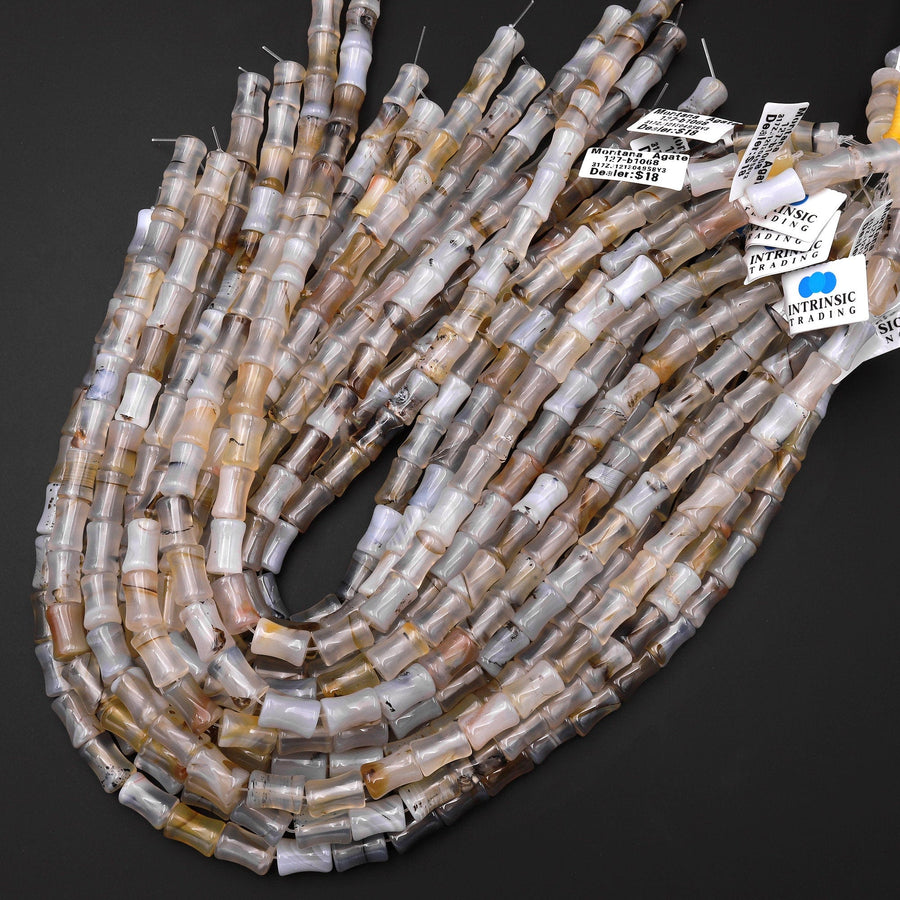 Natural Montana Agate Tube Cylinder Carved Bamboo Stem Shape Amazing Veins Bands 15.5" Strand