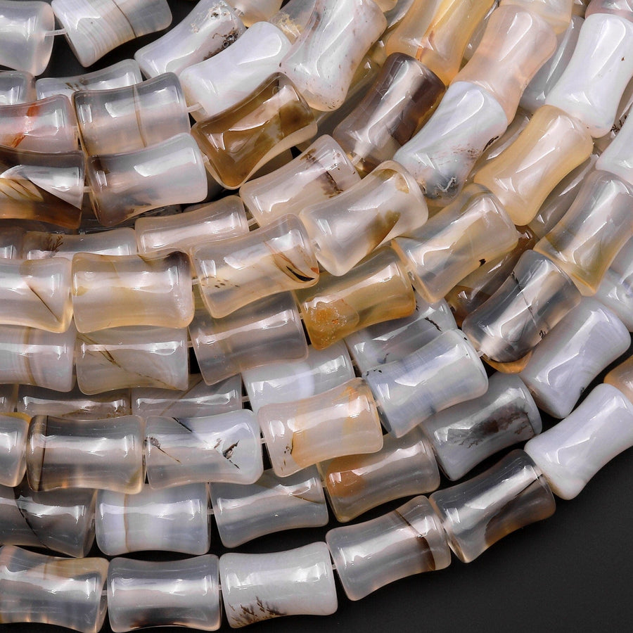 Natural Montana Agate Tube Cylinder Carved Bamboo Stem Shape Amazing Veins Bands 15.5" Strand