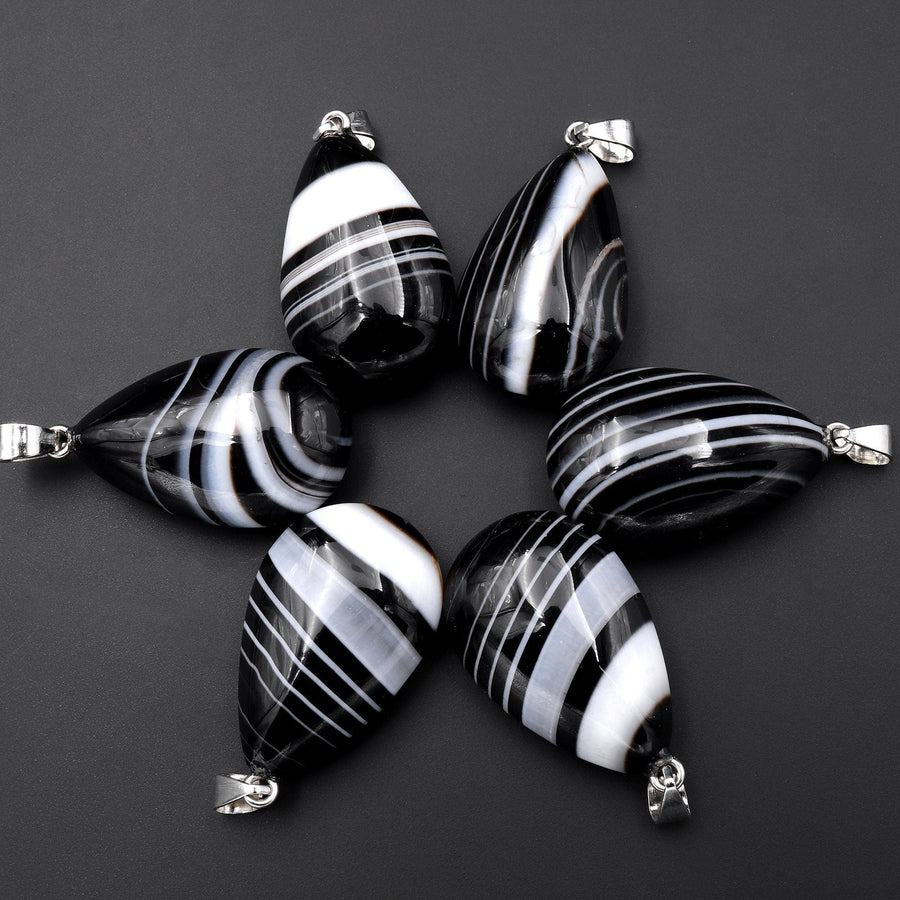 Black White Tuxedo Teardrop Pendant Natural Crystal Focal Bead