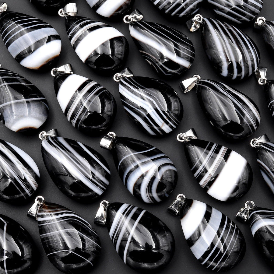 Black White Tuxedo Teardrop Pendant Natural Crystal Focal Bead