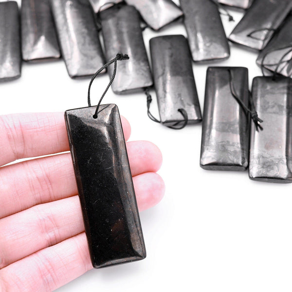 Hand Cut Genuine Natural Shungite Long Rectangle Pendant High Quality Black Lustrous Gemstone from Russia
