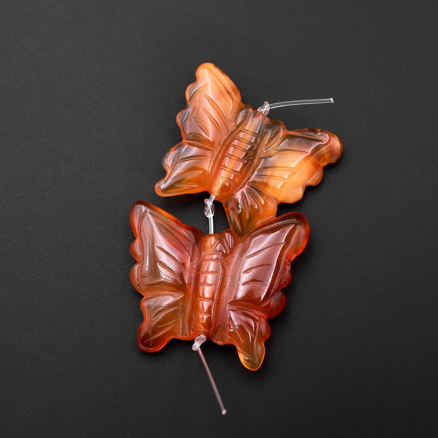 Hand Carved Natural Carnelian Butterfly Earring Pair Drilled Gemstone Matched Beads