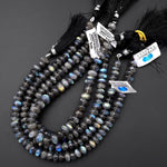 Natural Labradorite Smooth Rondelle Beads 8mm 10mm Brilliant Rainbow Blue Fire Flashes 10" Strand