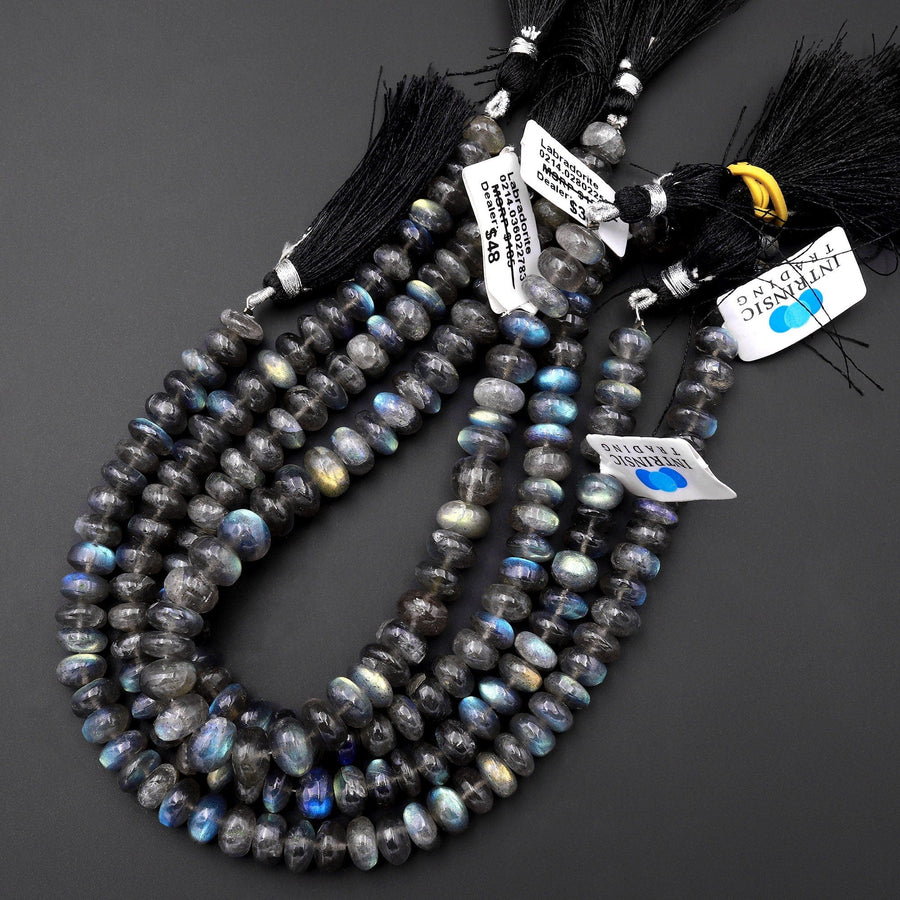 Natural Labradorite Smooth Rondelle Beads 8mm 10mm Brilliant Rainbow Blue Fire Flashes 10" Strand