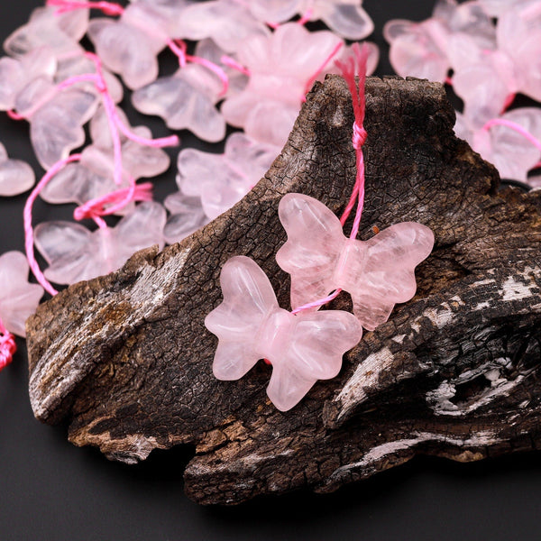 Hand Carved Natural Pink Rose Quartz Butterfly Earring Pair Drilled Gemstone Matched Beads A1