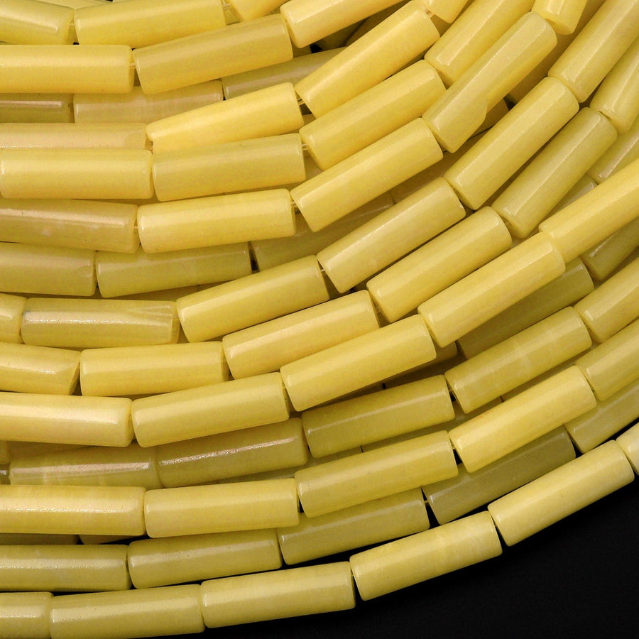 Natural Lemon Jade Thin Long Tube Beads 14mm Yellow 15.5" Strand