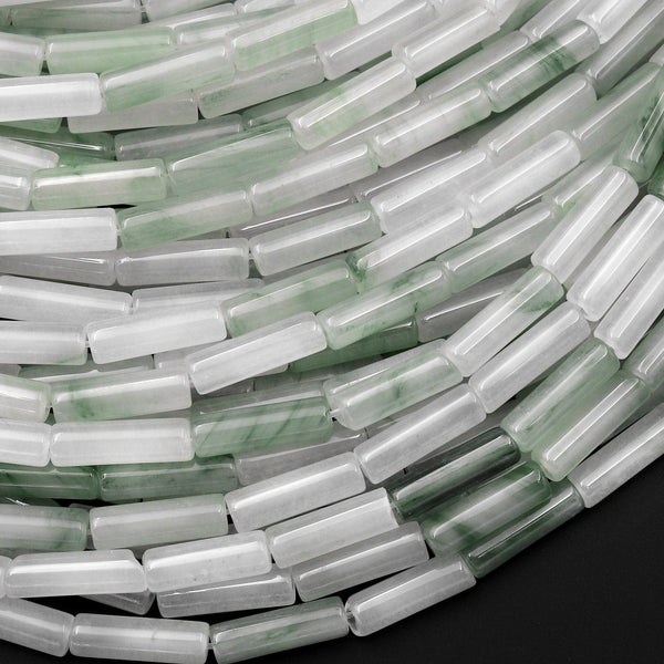Natural Green Mountain Green Jade Thin Long Tube Beads 14mm 15.5" Strand