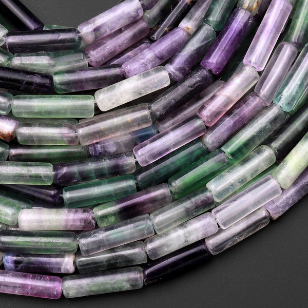 Natural Fluorite Green Purple Thin Long Tube Beads 14mm 15.5" Strand