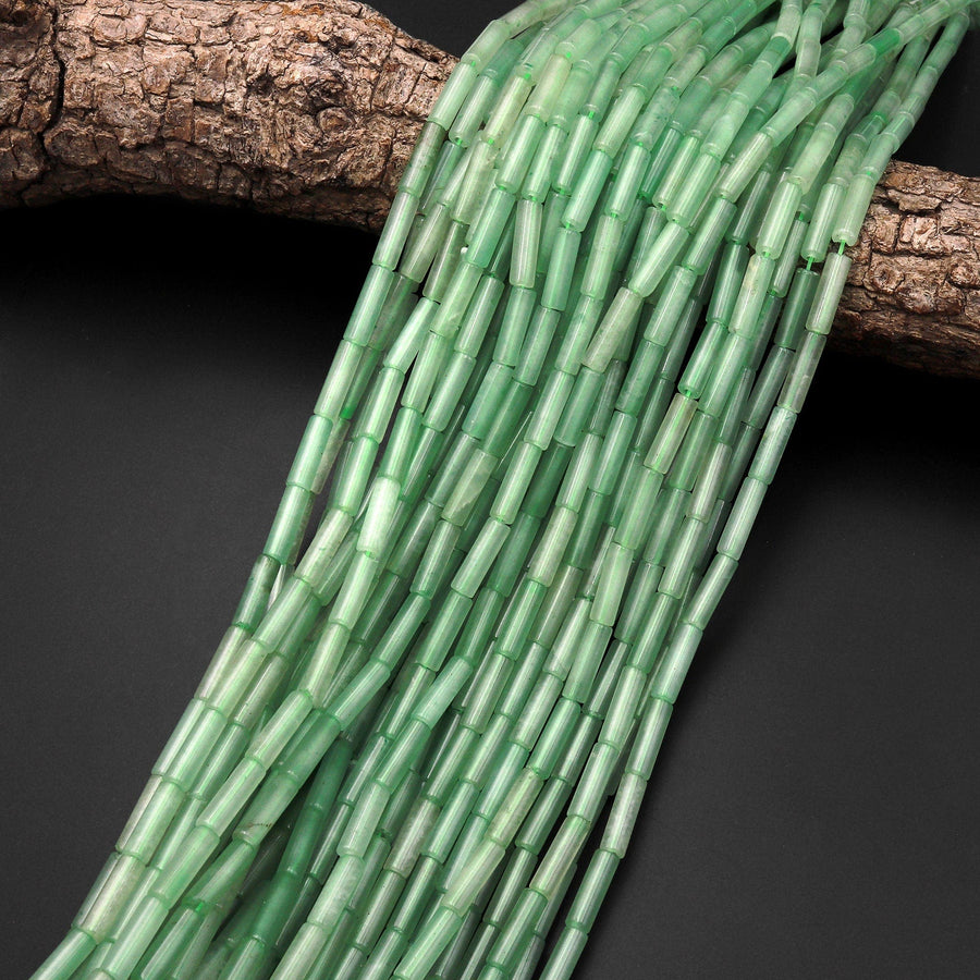 Natural Green Aventurine Thin Long Tube Beads 14mm 15.5" Strand
