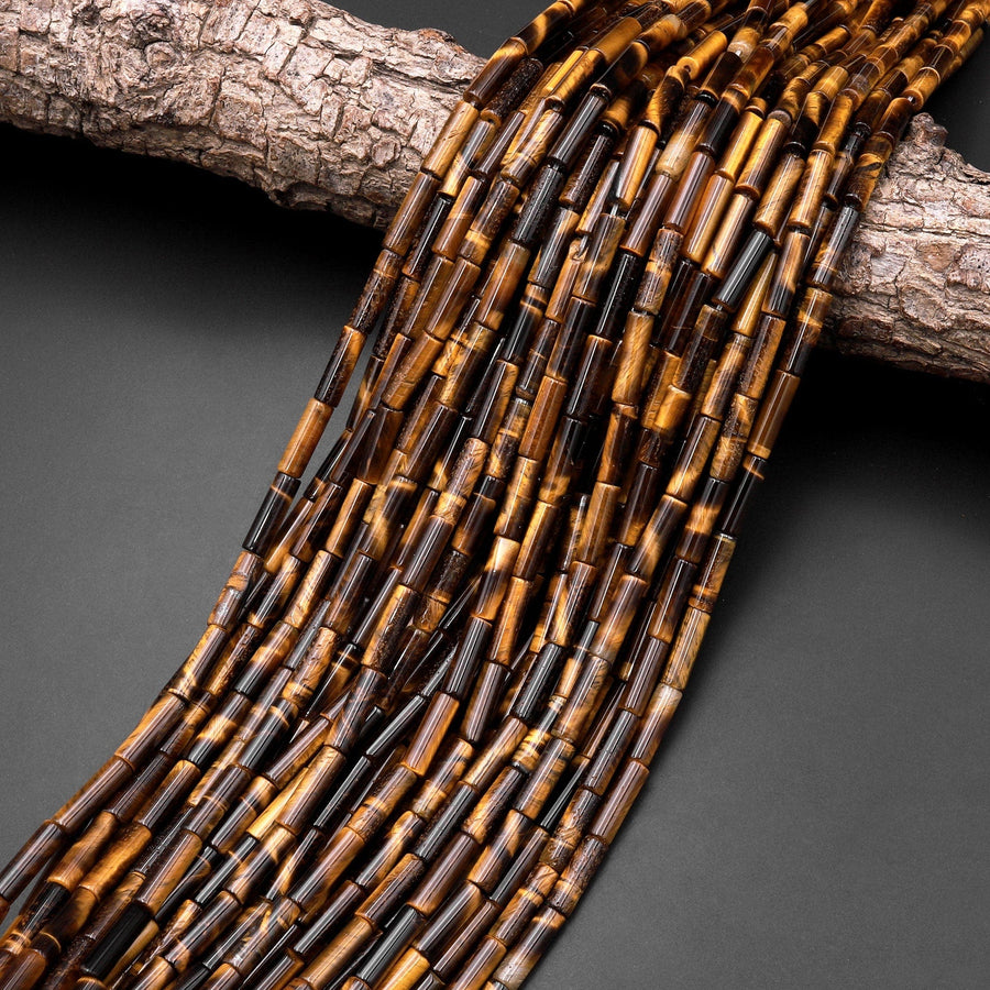 Natural Tiger's Eye Thin Long Tube Beads 14mm 15.5" Strand