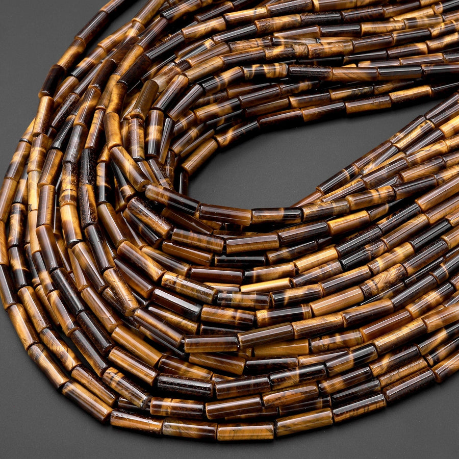 Natural Tiger's Eye Thin Long Tube Beads 14mm 15.5" Strand