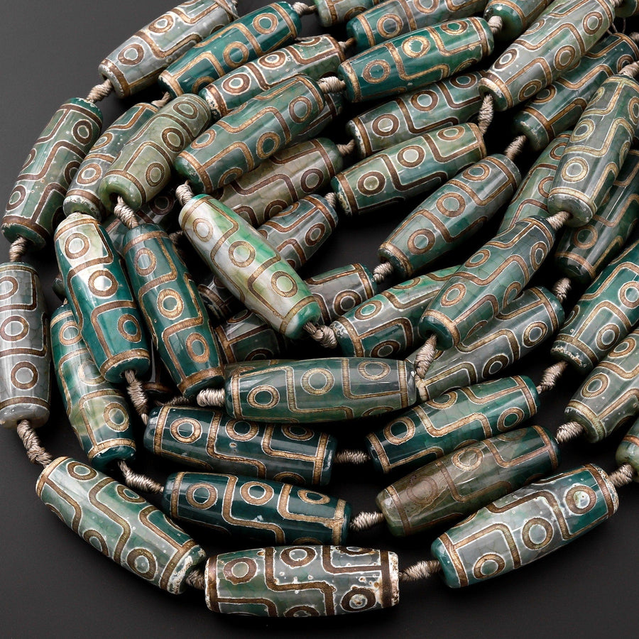 Tibetan Agate Barrel Drum Cylinder Tube 30mm 40mm Beads Dzi Agate Serene Green Brown Etched Eye Antique Boho Beads 15.5" Strand