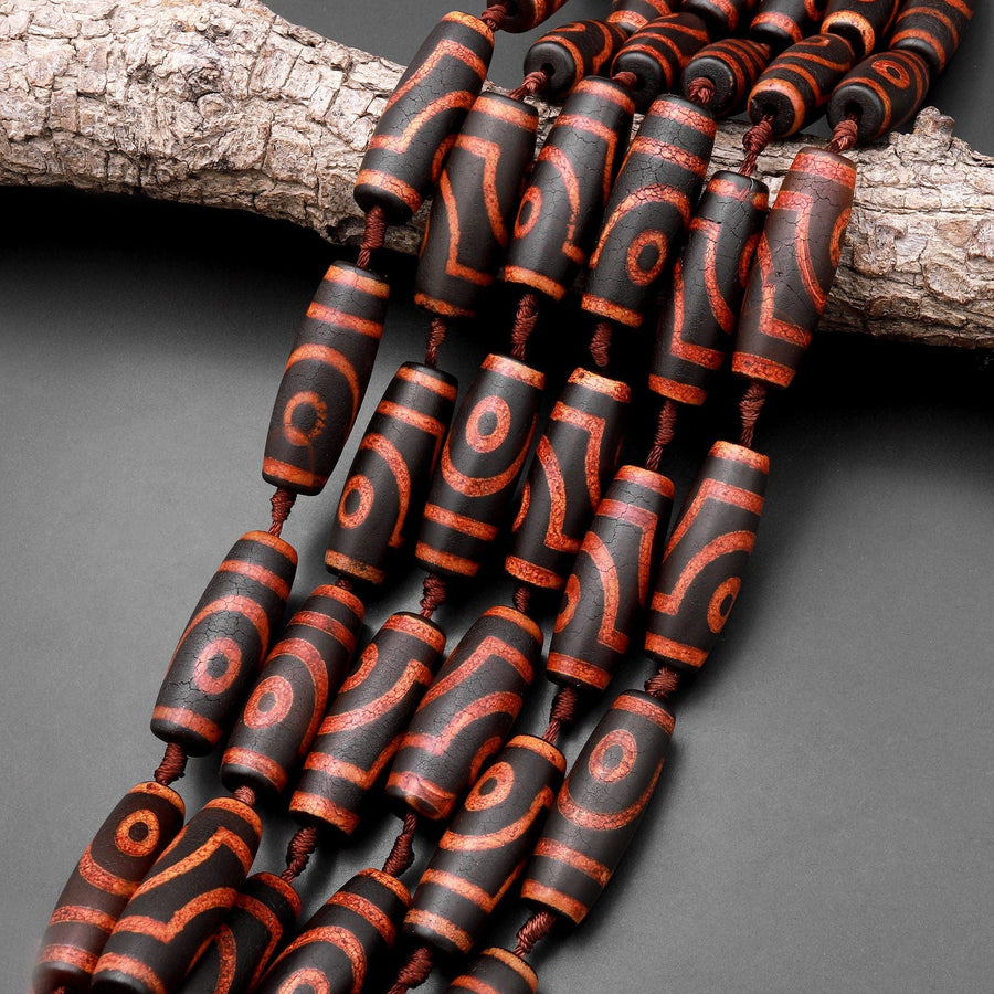 Large Tibetan Agate Barrel Drum Cylinder Tube 40mm Beads Dzi Agate Red Brown Etched Eye Antique Boho Beads 15.5" Strand
