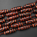 Large Tibetan Agate Barrel Drum Cylinder Tube 40mm Beads Dzi Agate Red Brown Etched Eye Antique Boho Beads 15.5" Strand